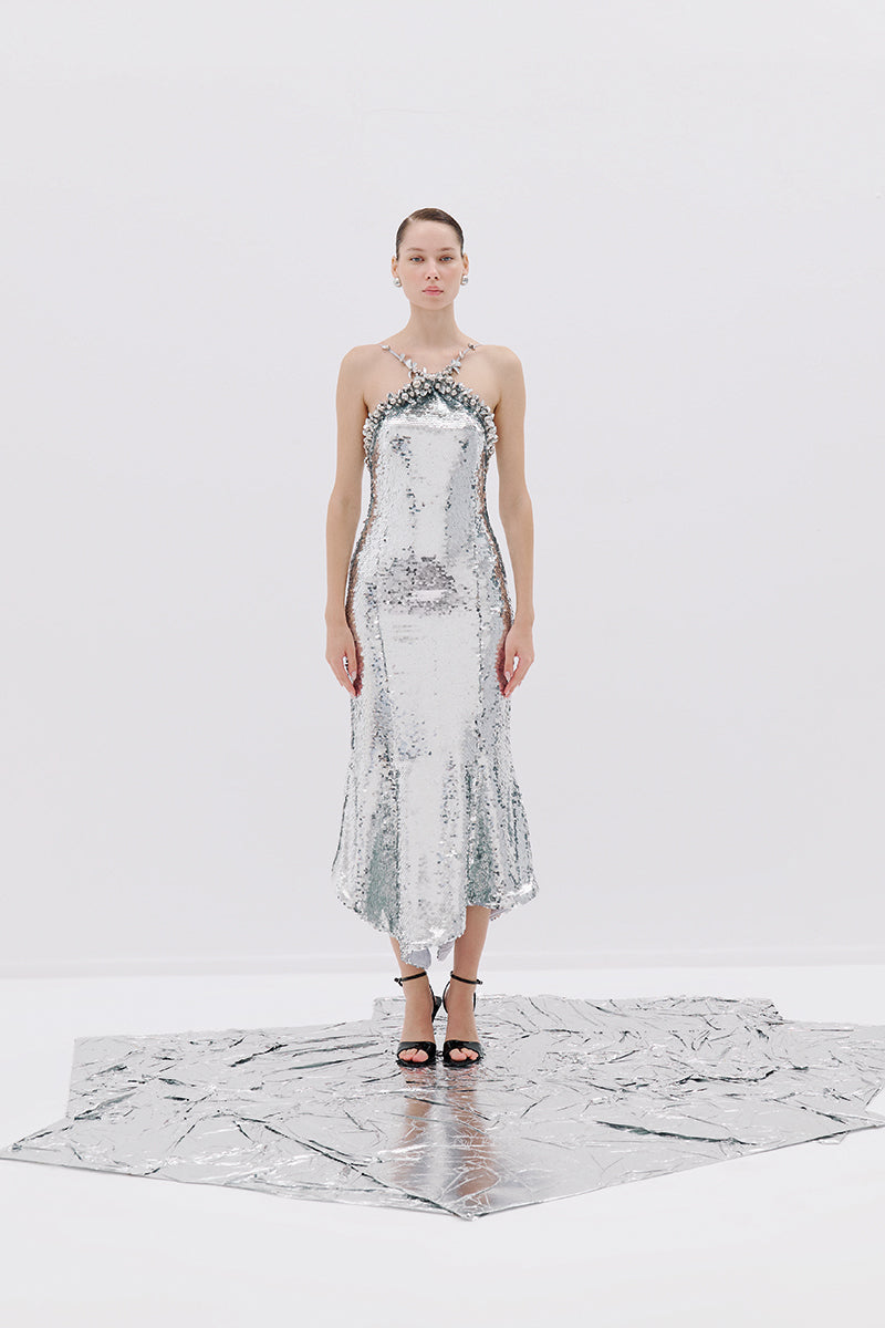 HALTERNECK MIDI DRESS IN SILVER - CULT MIA
