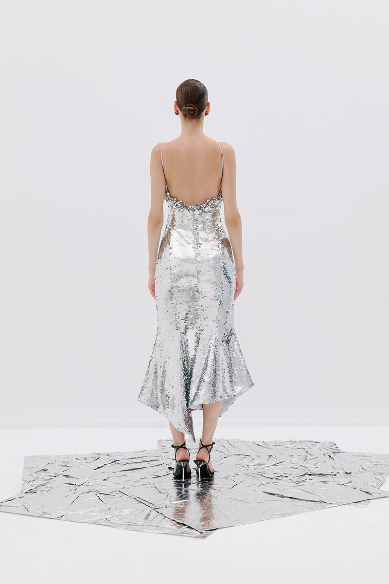 HALTERNECK MIDI DRESS IN SILVER - CULT MIA