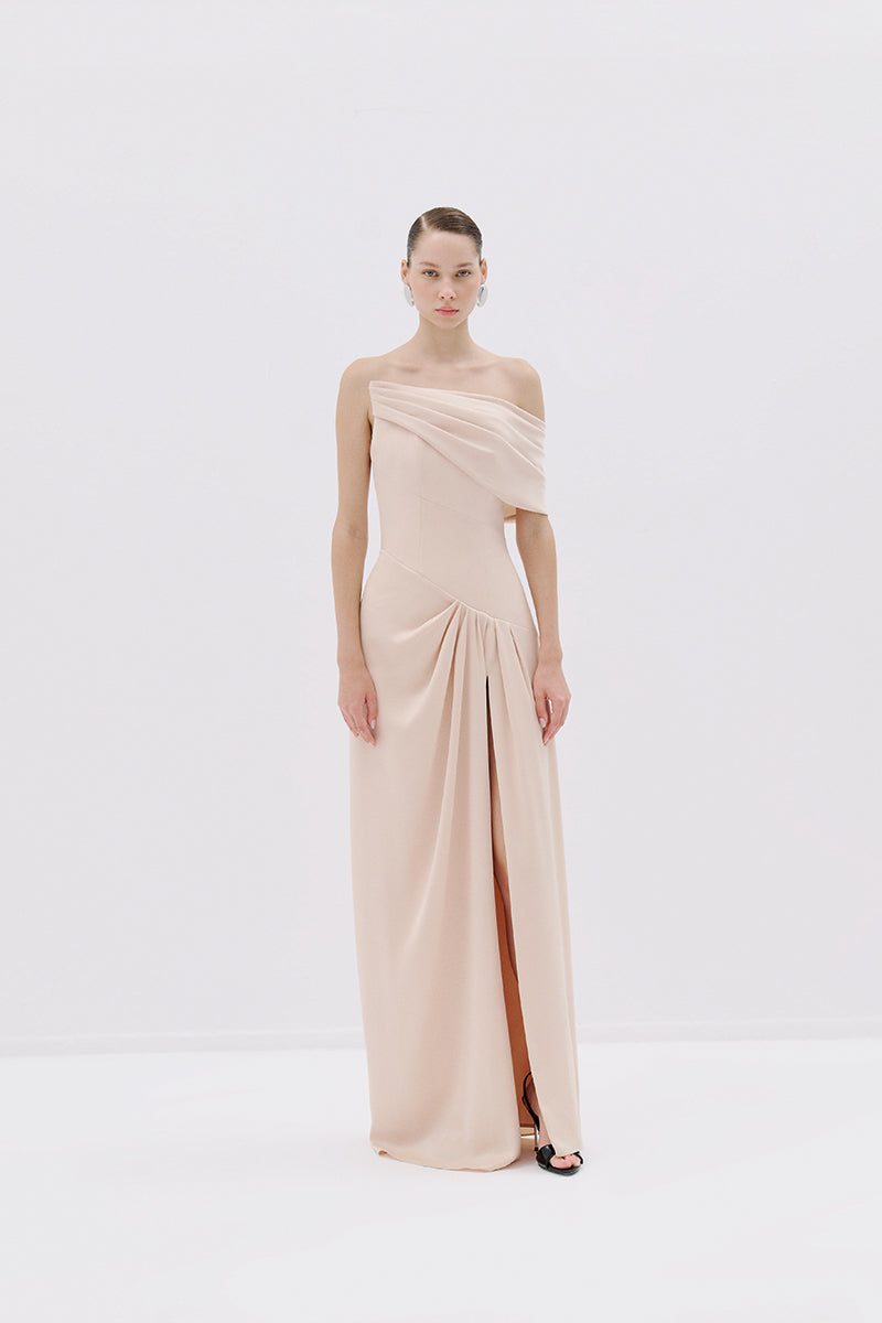 ONE-SHOULDER ROSE DRAPED GOWN - CULT MIA