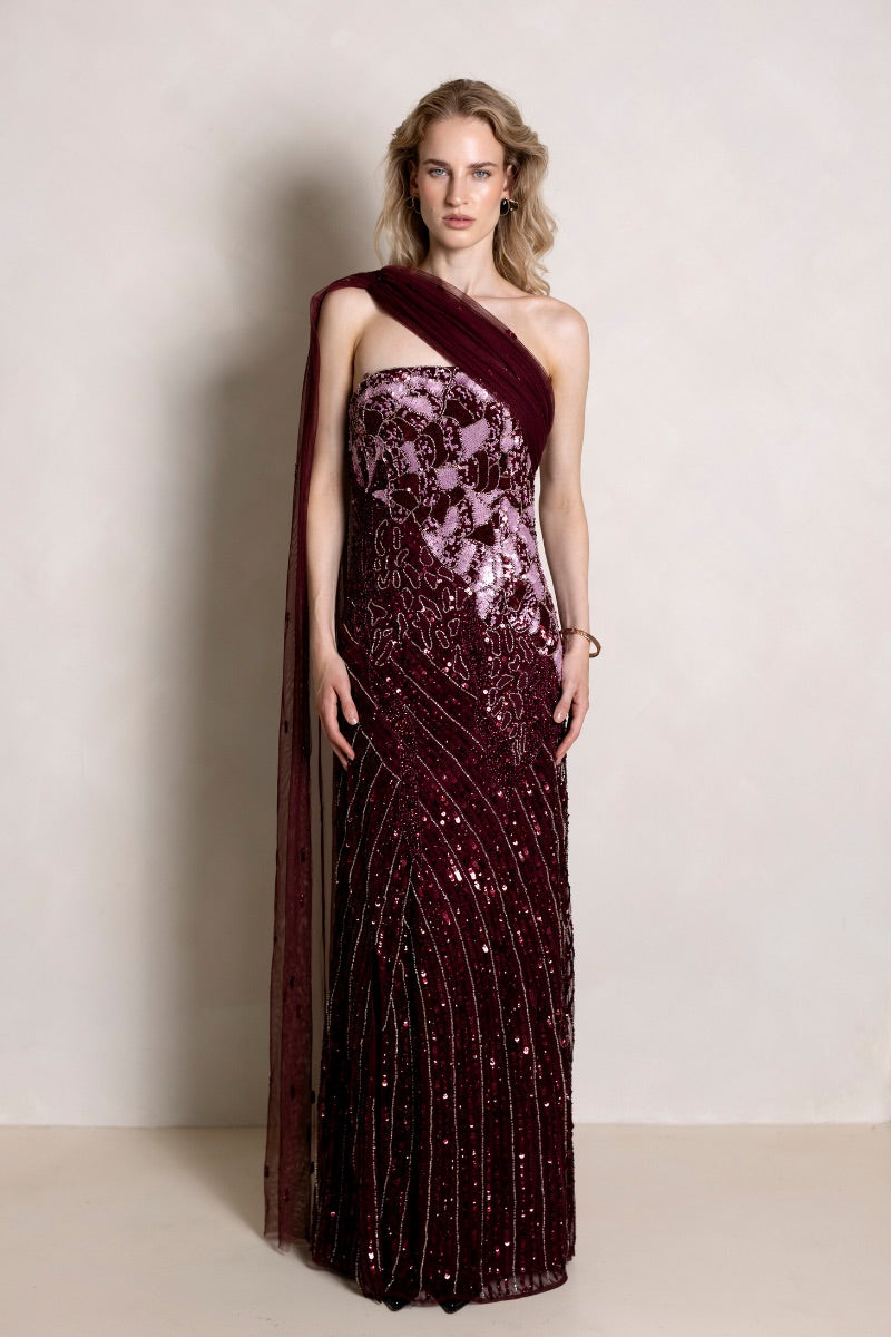 Raishma Natalia Plum gown showing elegant flowing fabric and fitted bodice, perfect for formal occasions.