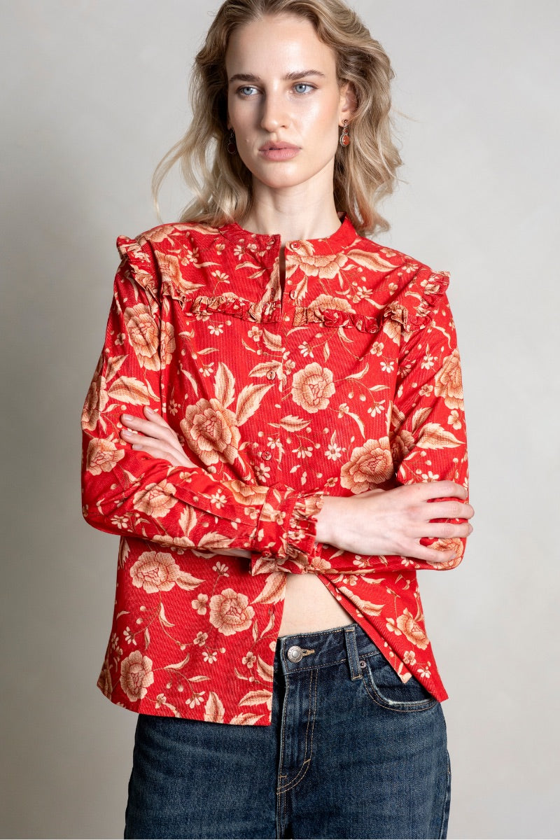 Red Raishma ESME shirt with a classic fit, featuring a button-up design and long sleeves, displayed on a neutral background.