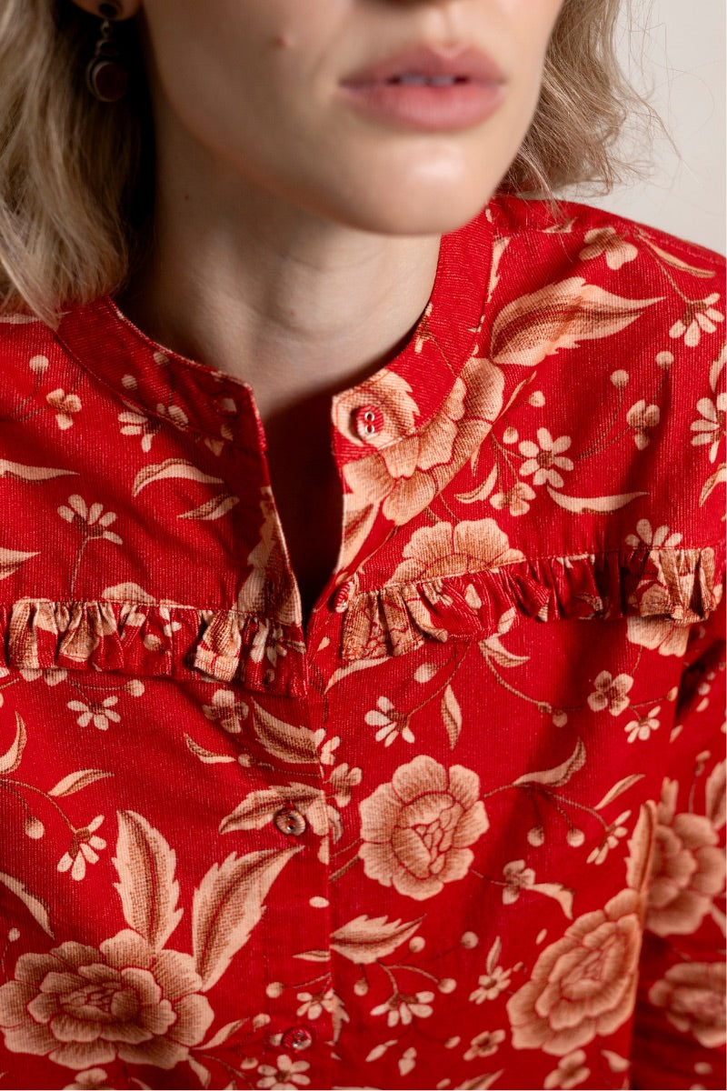 Red Raishma Esme shirt with long sleeves and a classic collar, displayed on a white background.