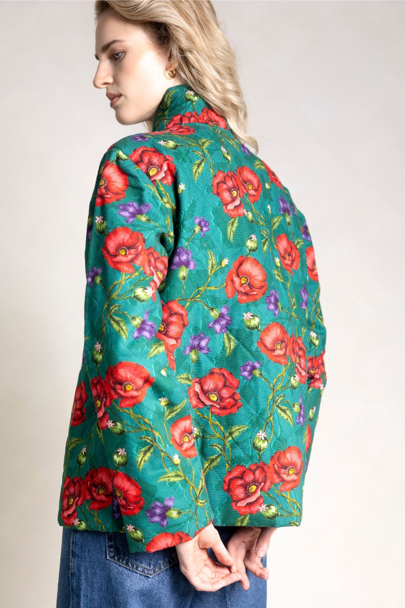 Raishma Willow jacket displayed on a hanger, showcasing its stylish design and fabric details.