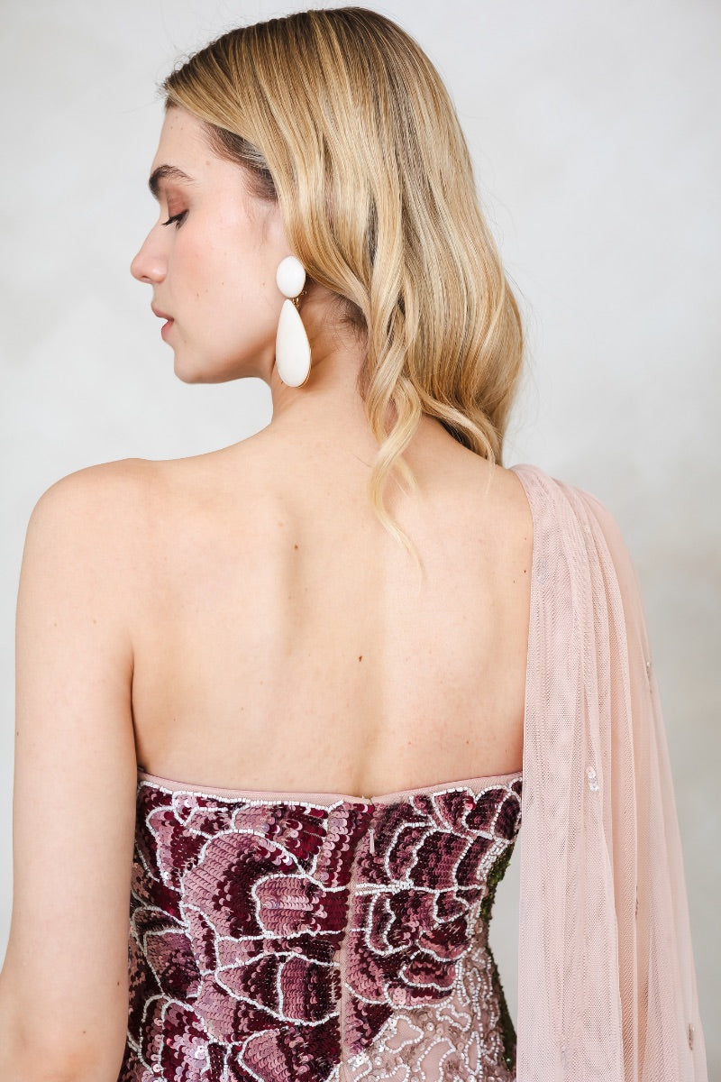 Raishma Natalia pink gown featuring elegant fabric and detailed design, perfect for formal occasions.