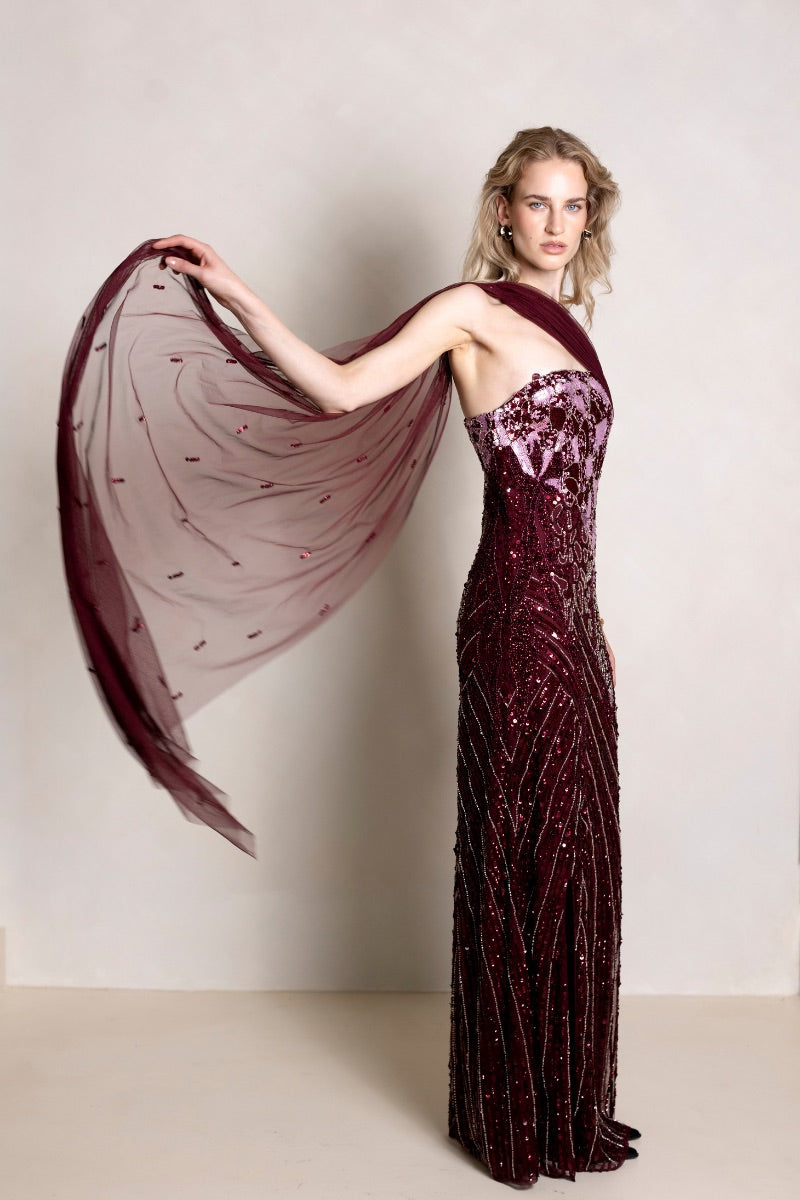 Elegant Natalia Plum gown by Raishma featuring flowing fabric and intricate detailing, perfect for formal occasions.