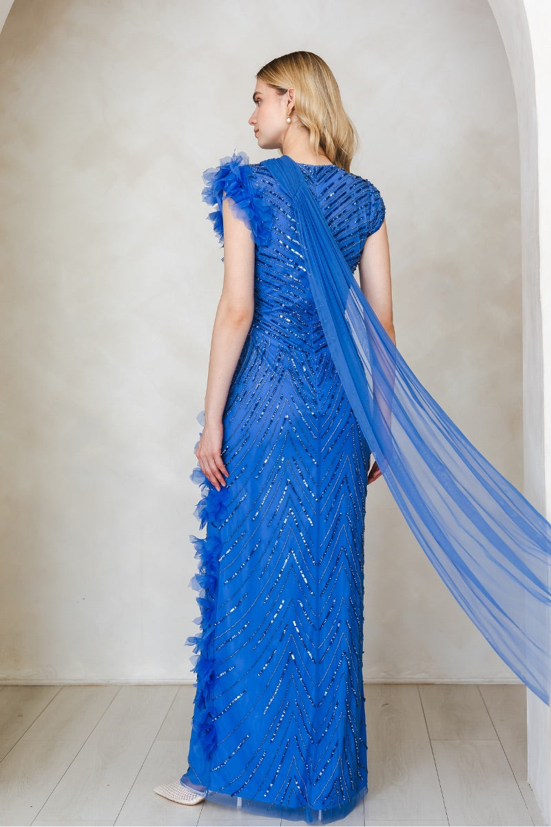 Raishma Camille cobalt gown with flowing fabric and elegant design, perfect for formal occasions.