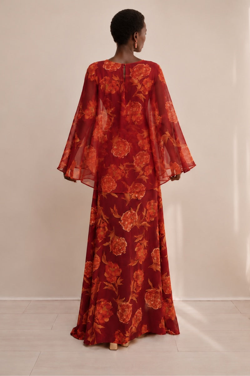 Red Raishma Karina maxi dress with flowing fabric and elegant design, perfect for formal occasions.