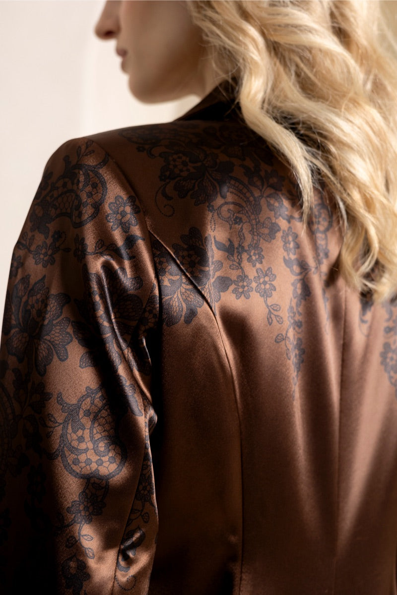 Raishma Jemma Chocolate Jacket, stylish tops with a fitted design, shown on a model in a close-up front view.