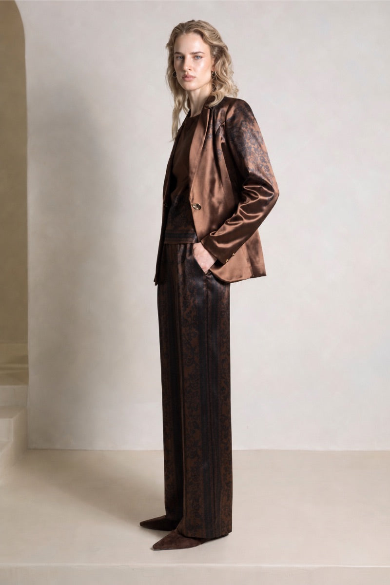 Raishma Jemma Chocolate Jacket, stylish women's top with a tailored fit and button details, shown on a model.