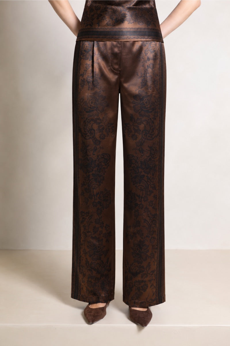 Raishma Jemma chocolate trousers, stylish pants with a tailored fit, shown in a front view on a plain background.