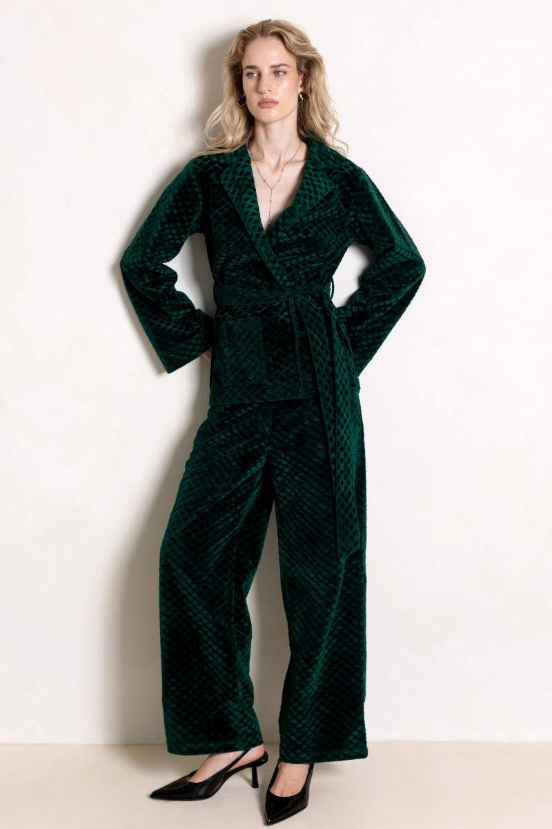 Raishma Alister green loungewear trousers with relaxed fit, soft fabric, and elastic waistband, perfect for comfortable casual wear.