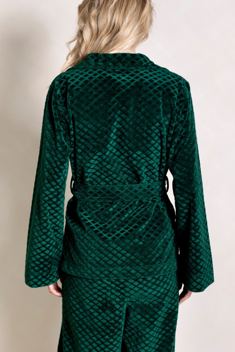 Raishma Viana green loungewear jacket with relaxed fit, soft fabric, and stylish collar, ideal for comfortable casual wear.