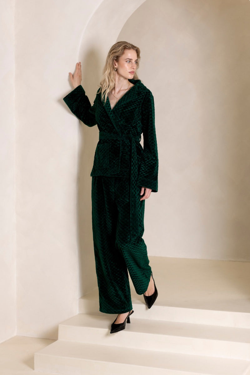 Raishma Alister green loungewear trousers, relaxed fit with soft fabric and comfortable waistband, styled for casual wear.