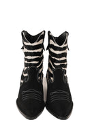 Je La Connais zebra ankle western boots in black and zebra print with pointed toes and western heel.