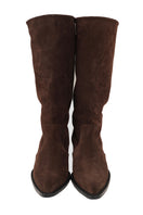 Je La Connais Brunny suede boots in chocolate, showing close-up of stylish ankle-high design with tonal stitching and textured suede finish.