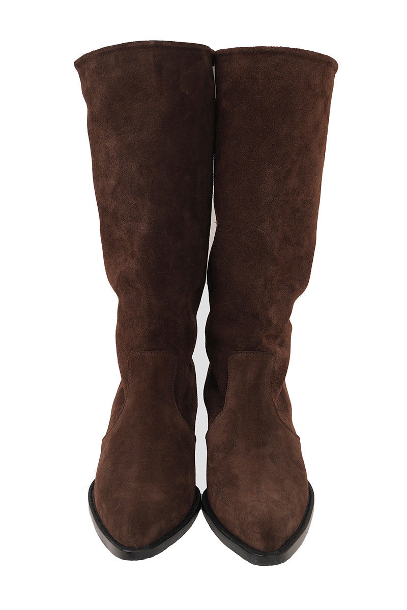 Je La Connais Brunny suede boots in chocolate, showing close-up of stylish ankle-high design with tonal stitching and textured suede finish.
