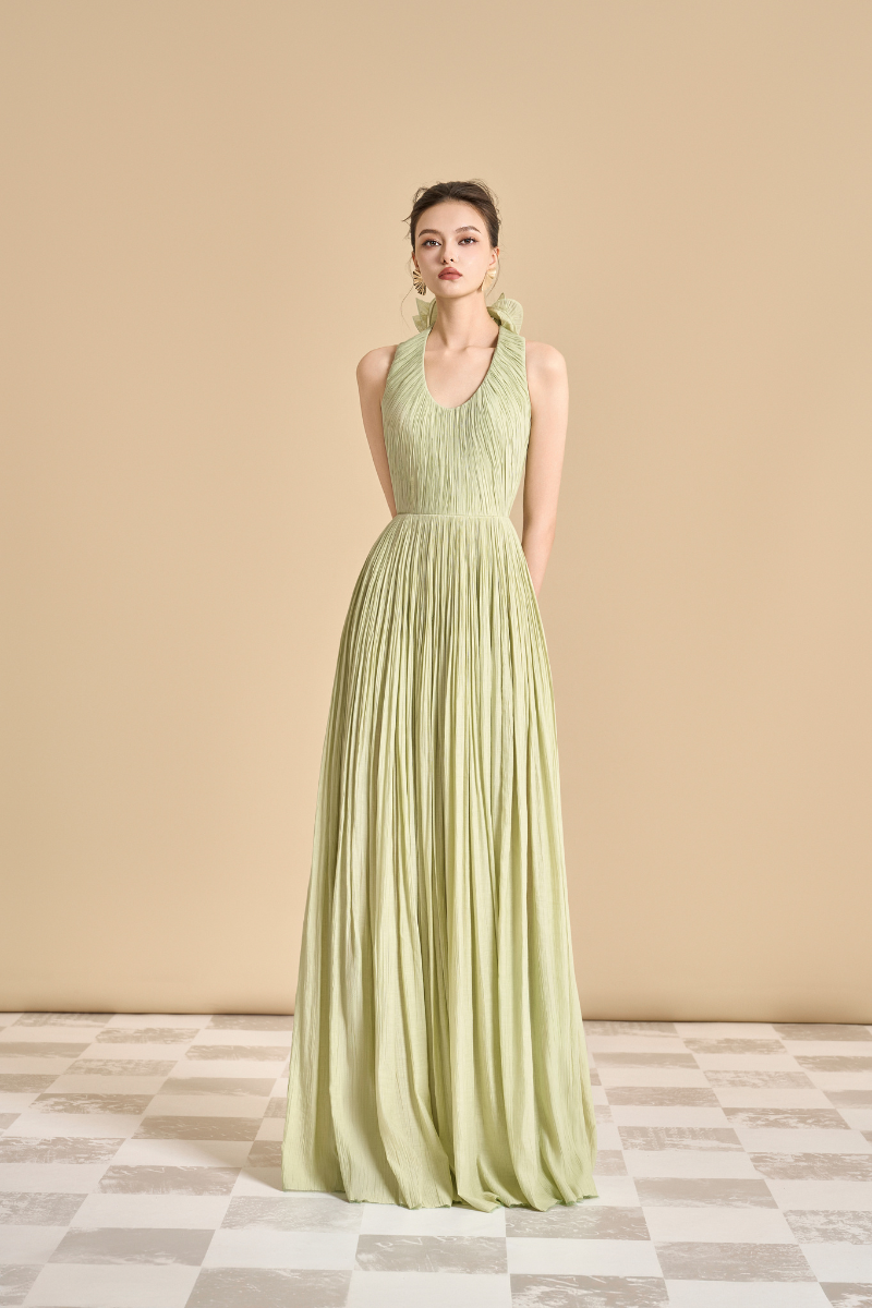 Maison Des Copains NASIR gathered scoop neck Tencel gown, floor-length dress with elegant flowing fabric and cinched waist.