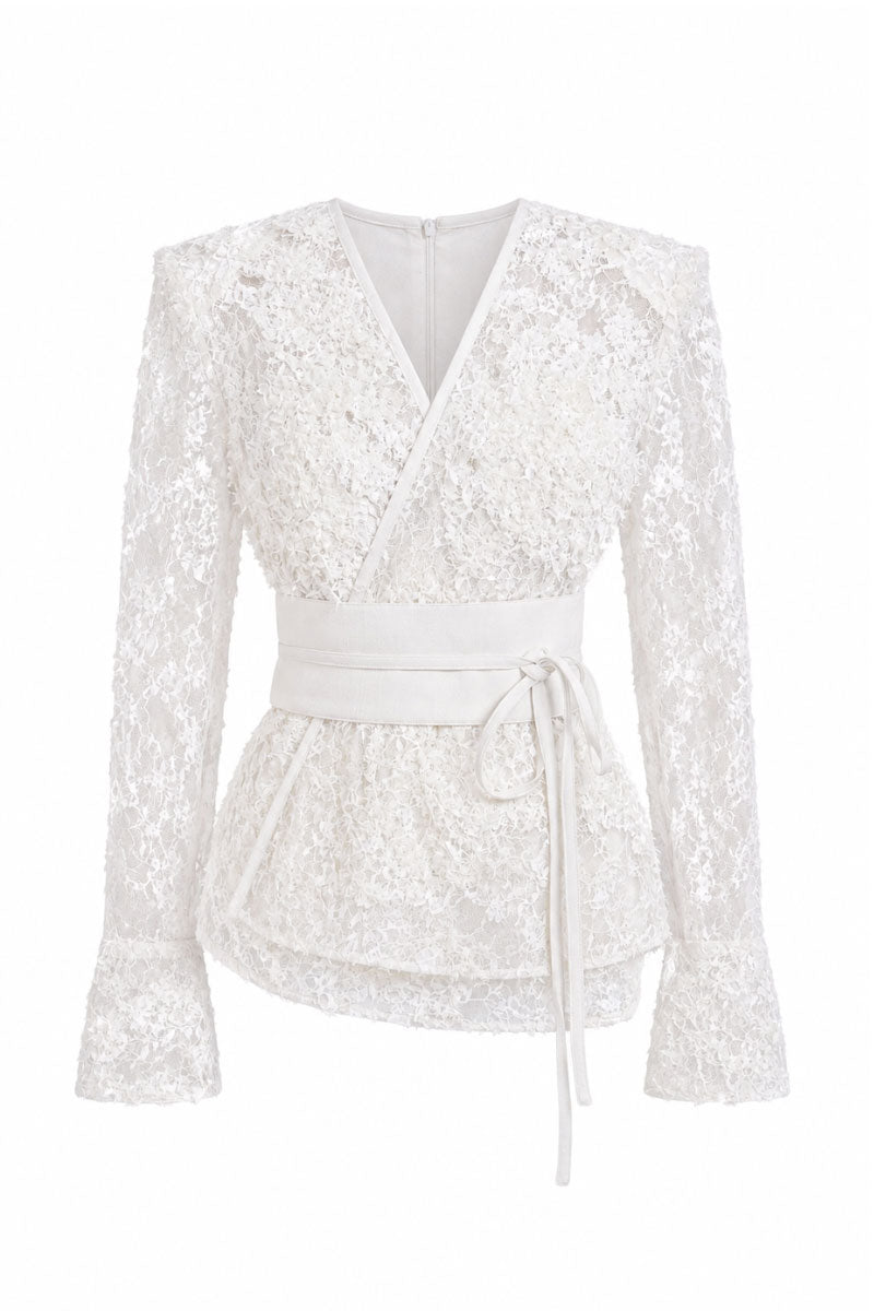 Keira Tong lace wrap top featuring delicate lace fabric and elegant design, perfect for stylish casual or evening wear.