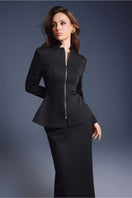 Black zipper peplum top by Keira Tong, featuring a fitted design with a front zipper and peplum waist, shown on a model.