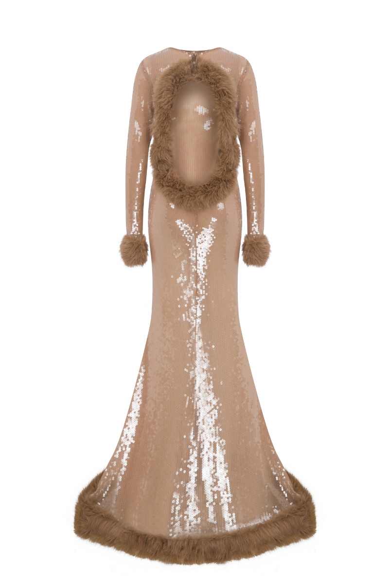 SHEER SEQUIN DRESS WITH FAUX FUR TRIMMINGS | CULT MIA | Sudi Etuz SHEER SEQUIN DRESS WITH FAUX FUR TRIMMINGS | CULT MIA | Sudi Etuz