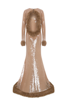 Sudi Etuz sheer sequin gown with faux fur trimmings, elegant long dress with shimmering sequins and plush fur accents.