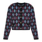 Lalo geometric print cardigan in multi-color with long sleeves and open front, casual and stylish knitwear for women.