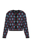 Lalo geometric print cardigan in multi-color with long sleeves and open front, casual and stylish knitwear for women.