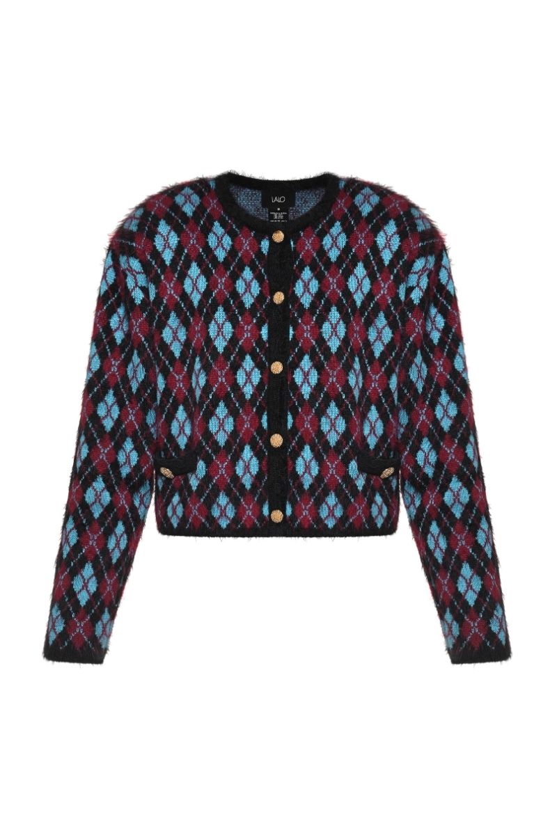Lalo geometric print cardigan in multi-color with long sleeves and open front, casual and stylish knitwear for women.