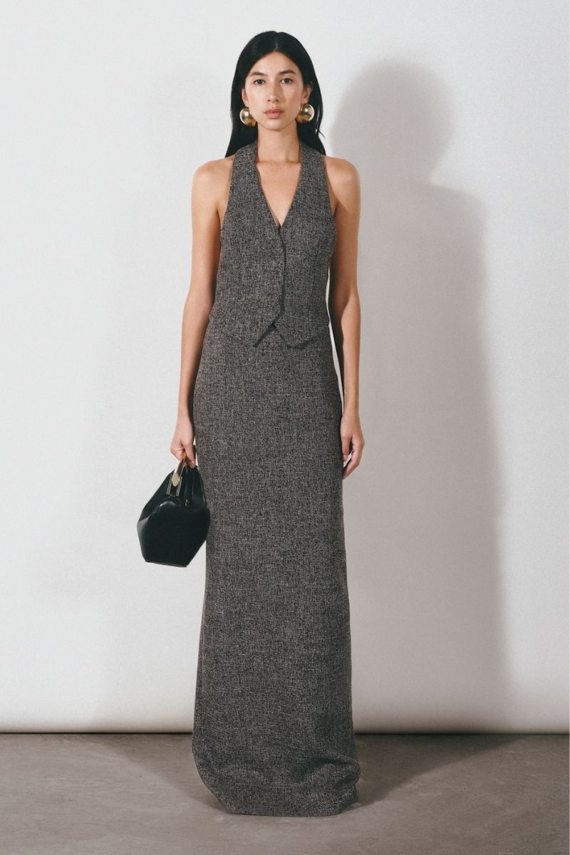 GRAY LONG VEST AND MAXI SKIRT SET - CULT MIA