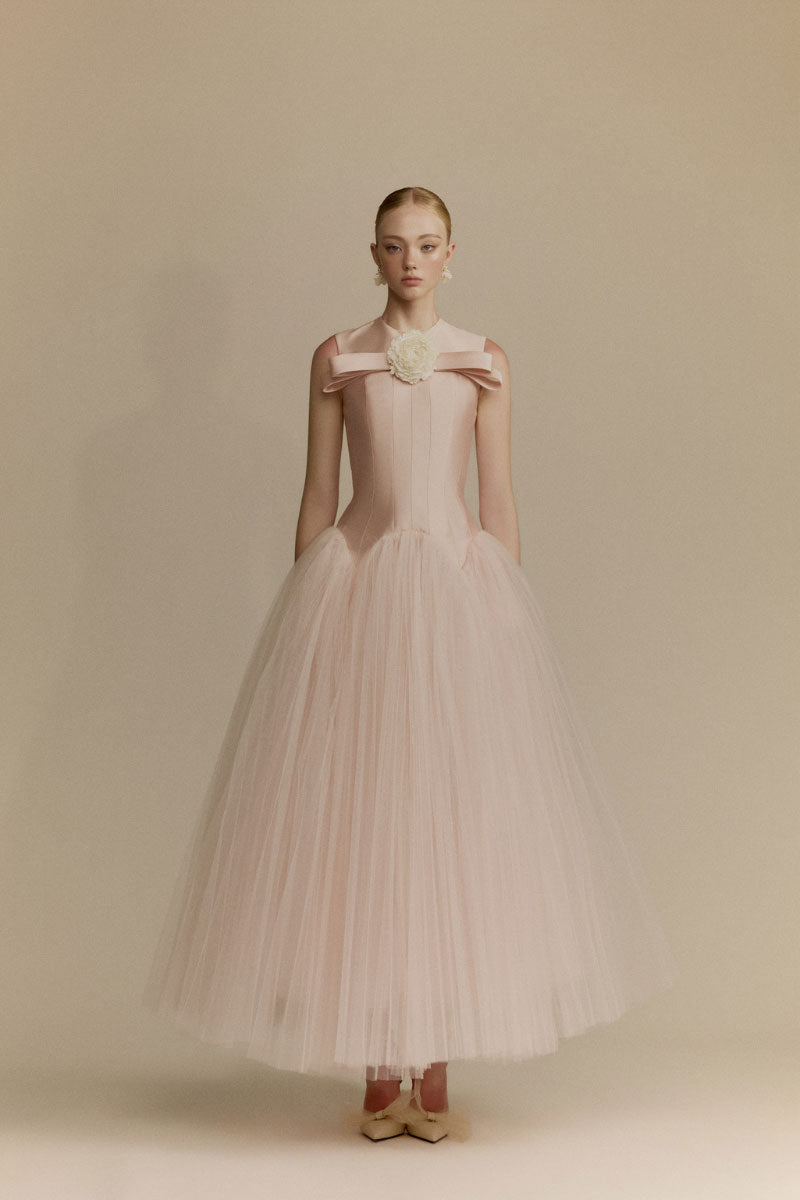 White Plan Magnolia dress gown with floral design and elegant fabric, perfect for formal occasions.