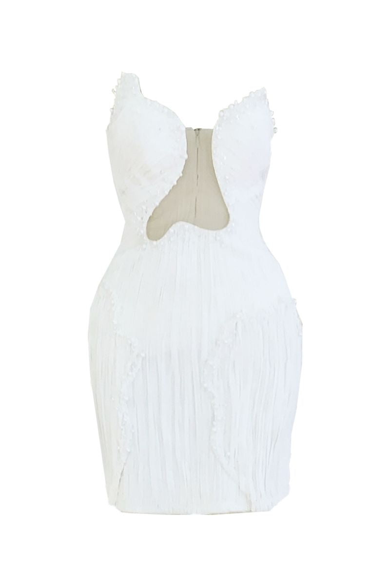 WHITE EMBELLISHED CUT-OUT A-LINE MINI DRESS - CULT MIA