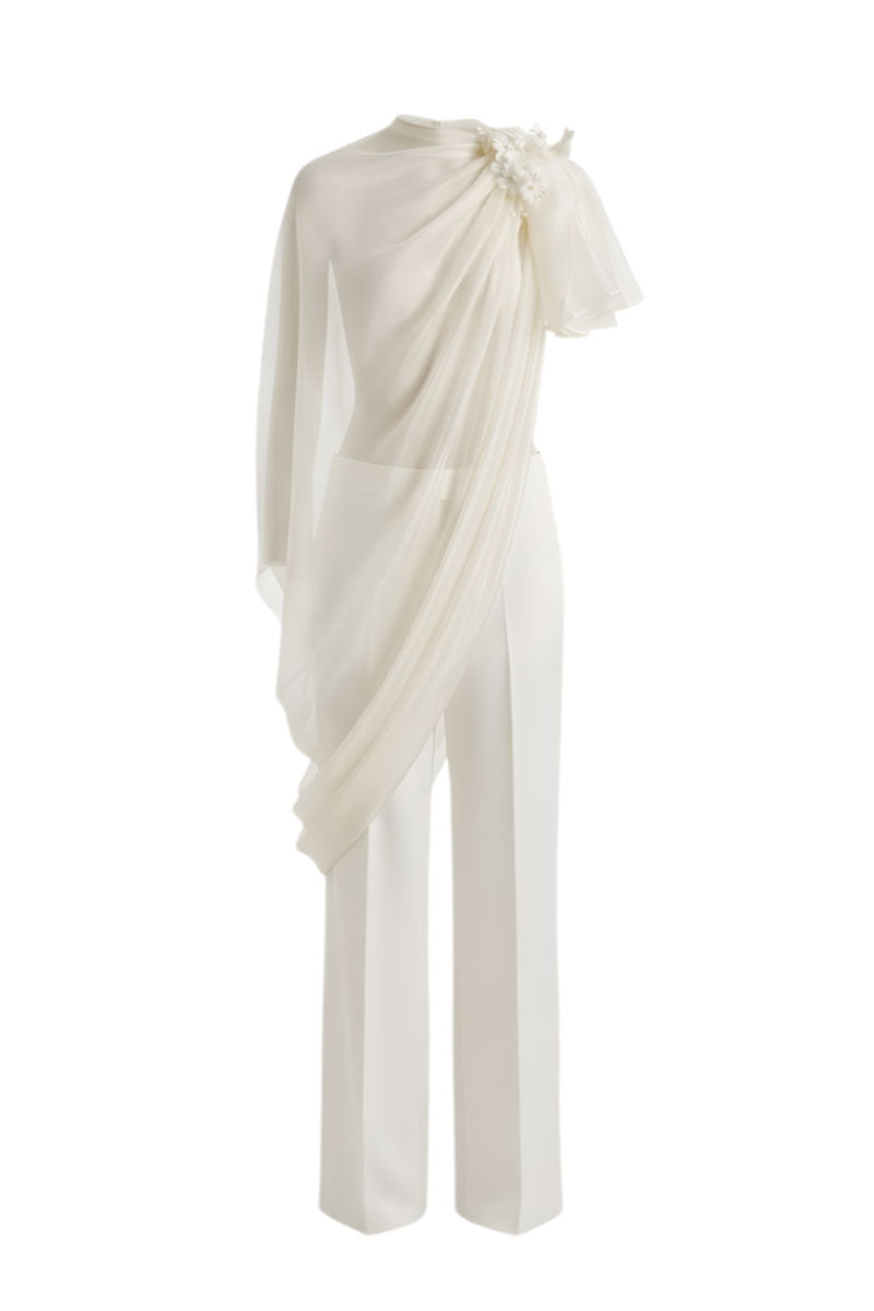 White Plan Eloria Draped Set co-ords featuring a stylish, draped design with matching top and pants for a chic look.