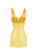 Yellow draped ruched mini dress and matching bra by CEM, featuring a stylish, form-fitting design and elegant fabric details.