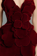 Red velvet V-neck strapless midi dress with petal details from HAPPY CLOTHING, featuring a fitted waist and elegant silhouette.