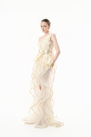 Ivory sculpted petal gown by HAPPY CLOTHING, stylish CULT MIA X design, featuring elegant draped fabric and intricate detailing.