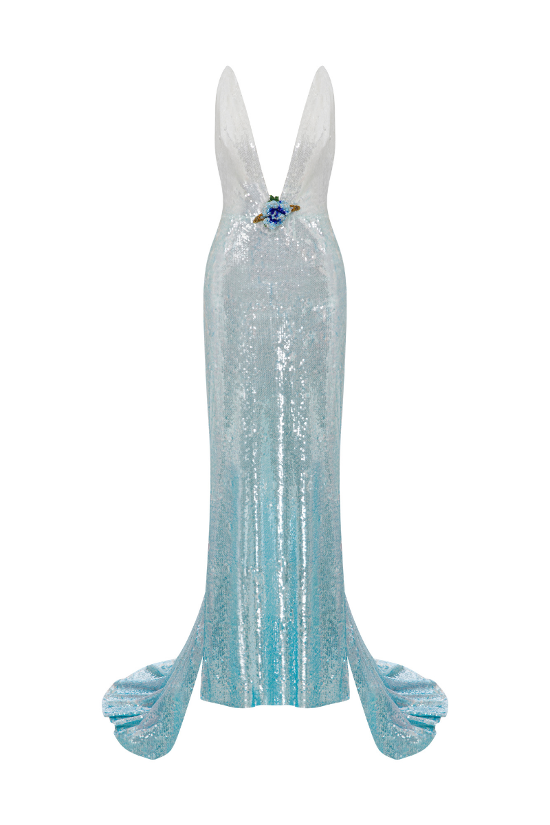 DEEP V NECK SEQUIN GOWN WITH TRAIN - CULT MIA