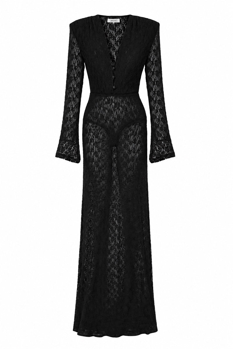 Black long-sleeved maxi dress by AWAVE featuring a flowing silhouette and elegant neckline, perfect for formal or casual wear.
