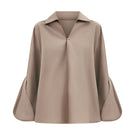 Beige chamomile straight-collared poplin high-low shirt by Lecia, featuring a stylish design and button-front detail.