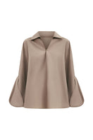 Beige chamomile straight-collared poplin high-low shirt by Lecia, featuring a stylish design and button-front detail.