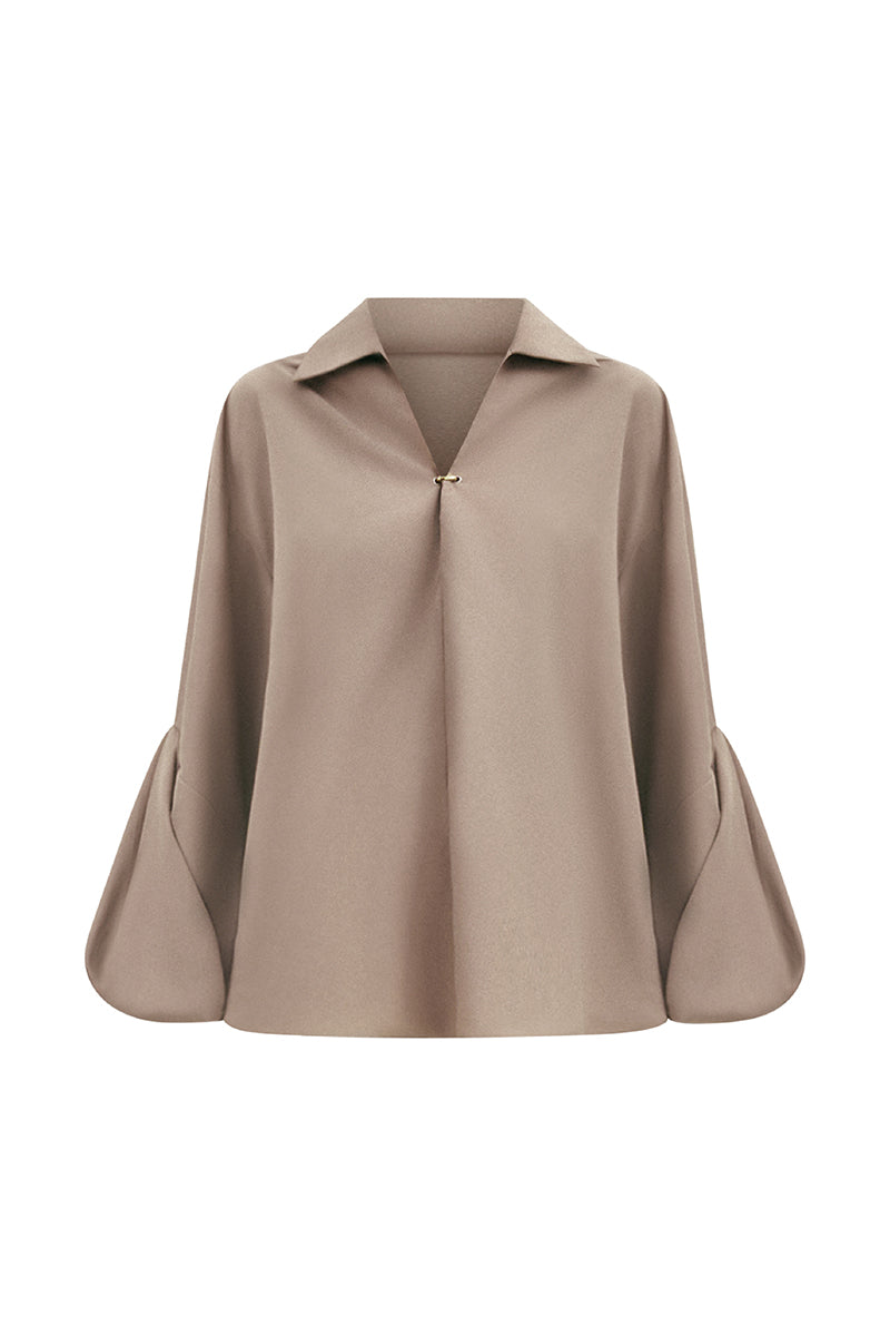 Beige chamomile straight-collared poplin high-low shirt by Lecia, featuring a stylish design and button-front detail.