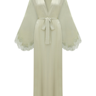 Heidi long rayon robe by Bocan Couture with light green lace trim, flowing fabric, and elegant design.