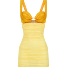 Yellow draped ruched mini dress and matching bra by CEM, showing the stylish, fitted design and textured fabric.