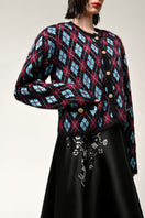 Lalo geometric print cardigan in multi-color, lightweight knit with long sleeves and open front design.
