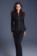 Black zipper peplum top by Keira Tong featuring a fitted silhouette and stylish peplum detail, shown on a model.