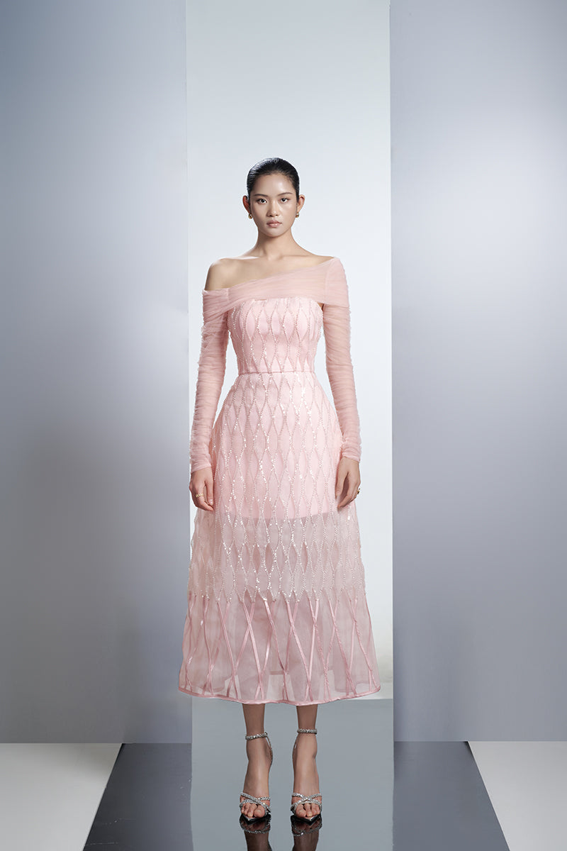 OFF SHOULDER ORGANZA MIDI DRESS IN PINK - CULT MIA