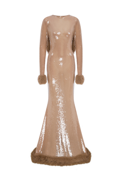 nude sequin long sleeve dress SHEER WITH FAUX FUR TRIMMINGS | CULT MIA autopostr_pinterest_74765 color:Cream/Navy time tracking updates are Buy Women's Dresses Red