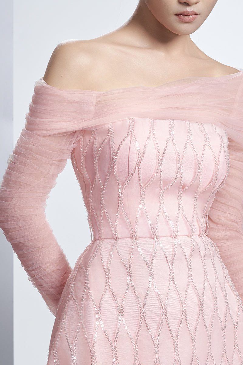 OFF SHOULDER ORGANZA MIDI DRESS IN PINK - CULT MIA