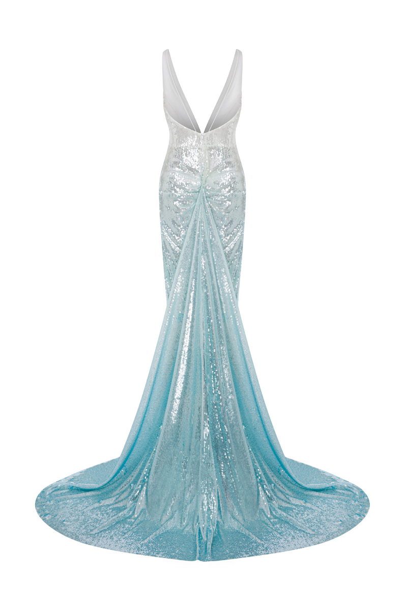 DEEP V NECK SEQUIN GOWN WITH TRAIN - CULT MIA