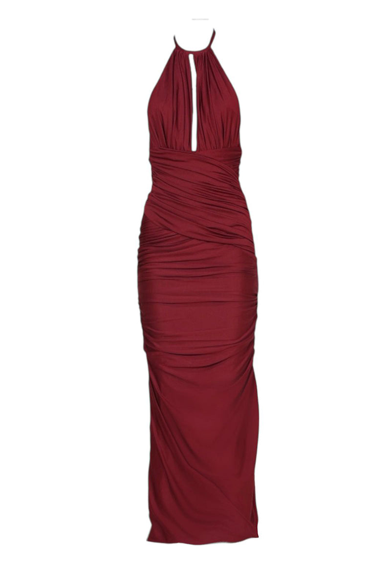 Aquarel Studio burgundy Stella maxi dress displayed on a hanger, showcasing its flowing fabric and elegant design.