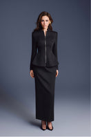 Black zipper corset pencil maxi skirt by Keira Tong, featuring a fitted silhouette and front zipper detail.